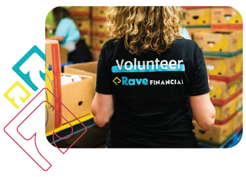 Woman wearing Rave Financial Volunteer shirt