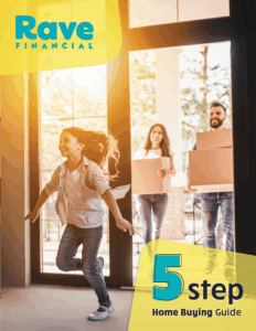 Front cover of Rave Financial's 5 Step Home Buying Guide: An image of a young girl running and smiling into her new home, with her parents following behind her, slightly out of focus, both carrying boxes