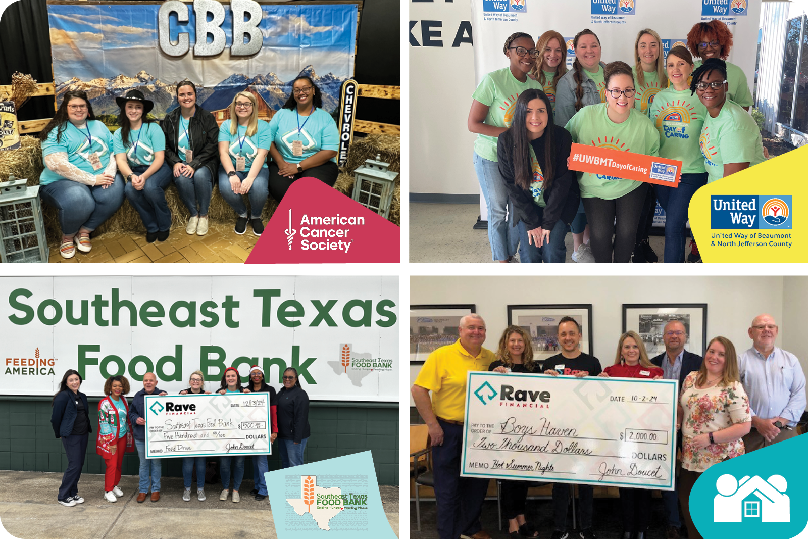 A photo collage of four different community events Rave Financial volunteered at or sponsored.