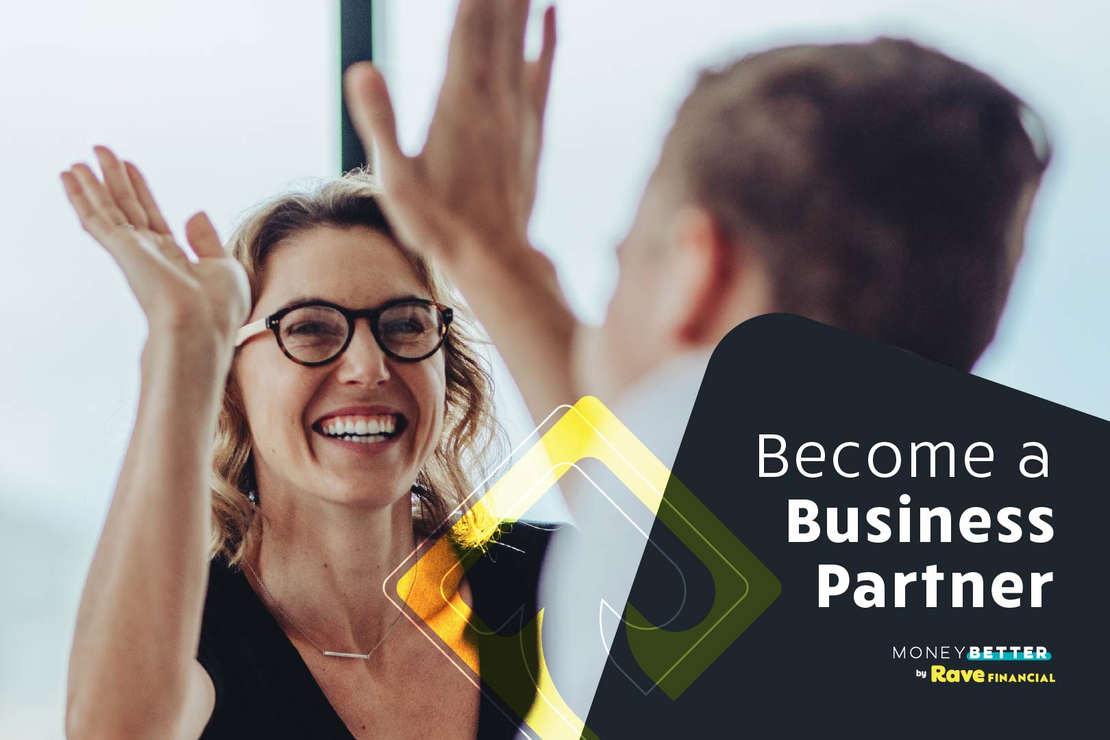 Photo of two employees high fiving each other with text that reads, "Become a Business Partner"