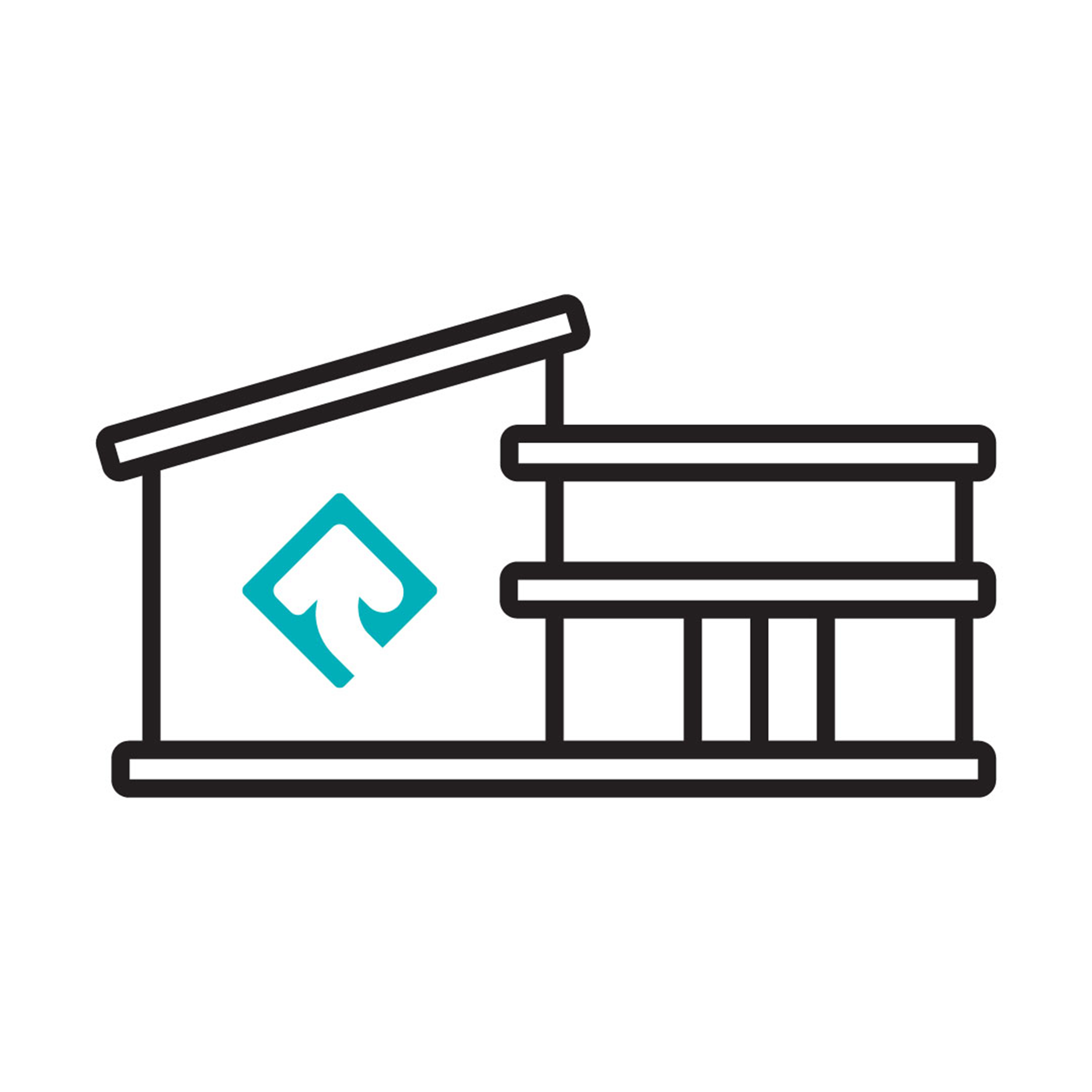 Black and white illustration of a Rave Financial branch featuring a turquoise blue logo