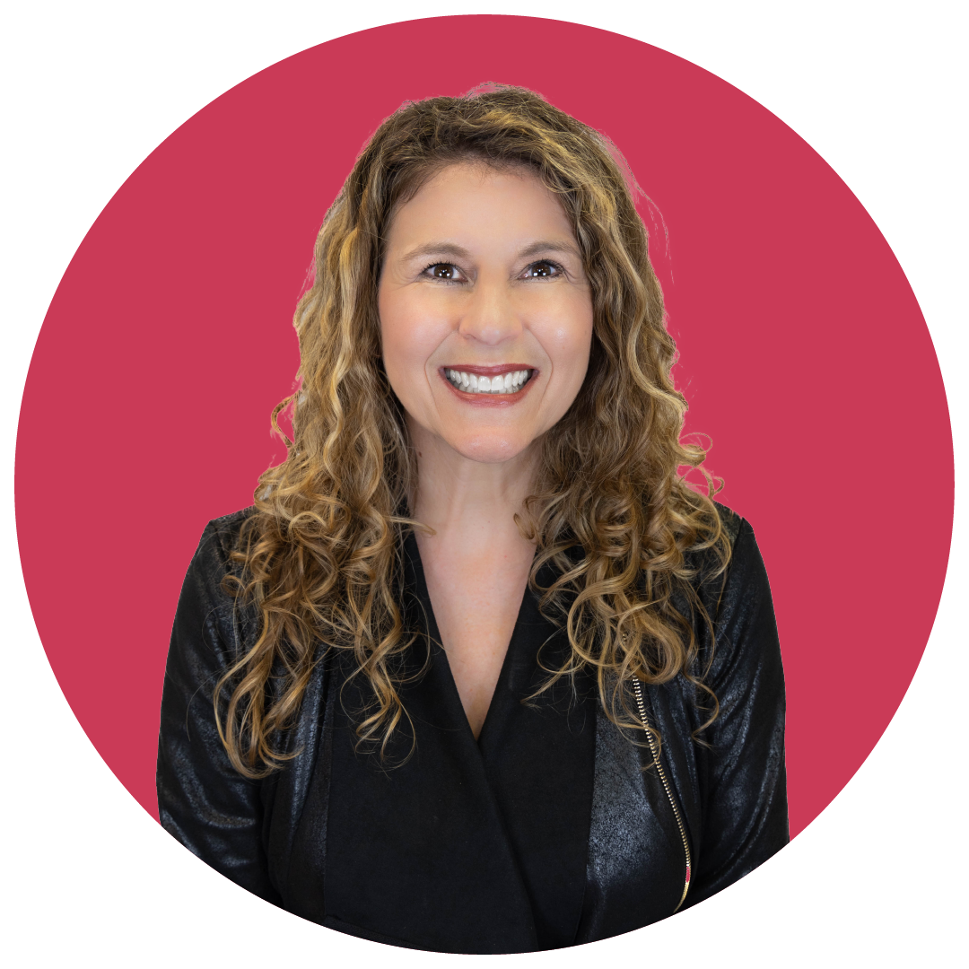 Photo of Lori Higgins against a red background