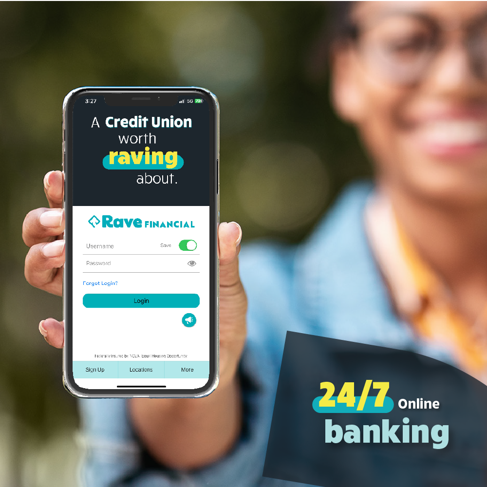 Photo of a young woman, out of focus, holding her mobile phone in focus to show the Rave Financial app's home screen